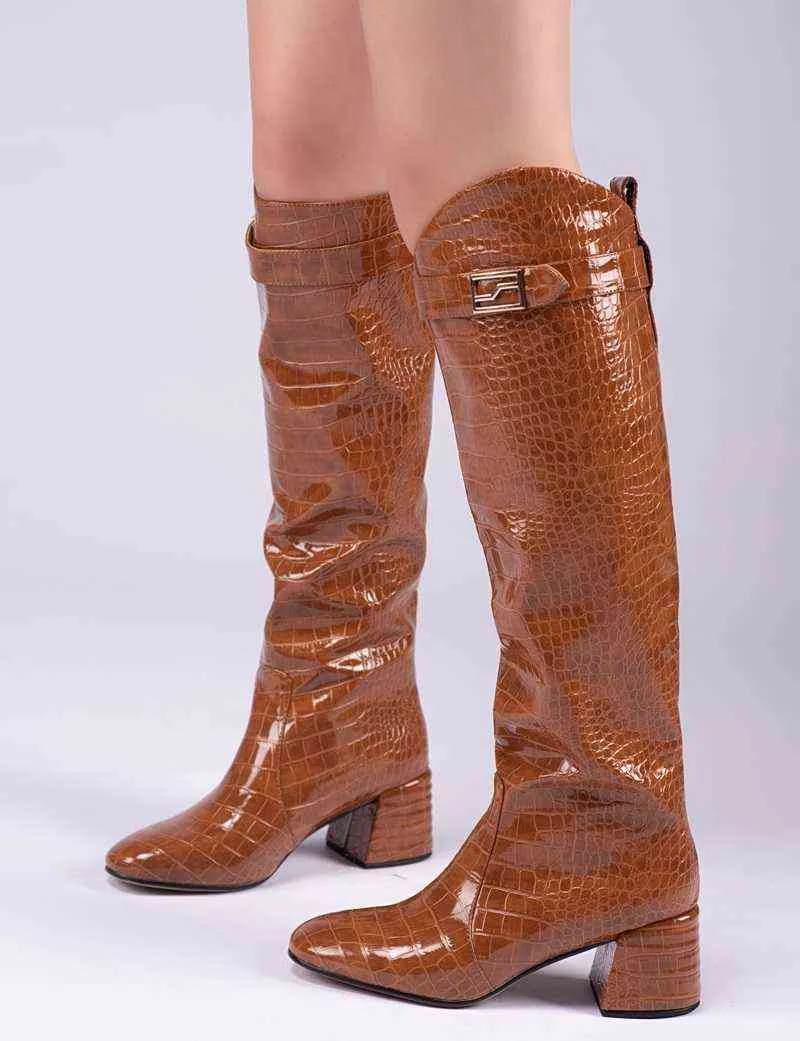 Boot Brand Autumn Winter Dress Shoes Women Knee High Boots Fashion Crocodile Pattern Microfiber Runway Heels Woman 221223
