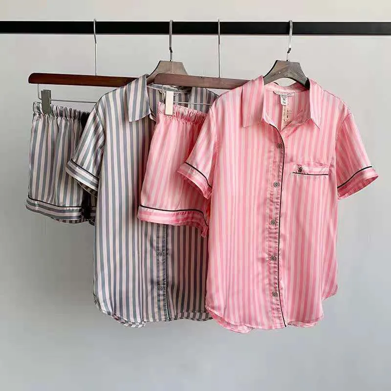 Zomerpyjama voor dames Satijn Zijde Strepen Nachtkleding Pyjama Kort Roze Loungewear Pyjama Dames Thuispak Homewear Vrouw 220719