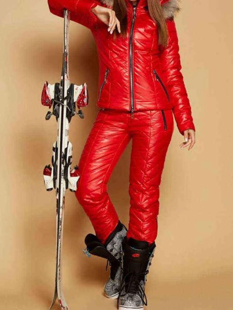 Costume de ski d'hiver femmes vêtements d'extérieur chauds à manches longues manteau à capuche en fourrure coton rembourré matelassé Parka veste zippée pièce combinaison de neige ensemble L220730