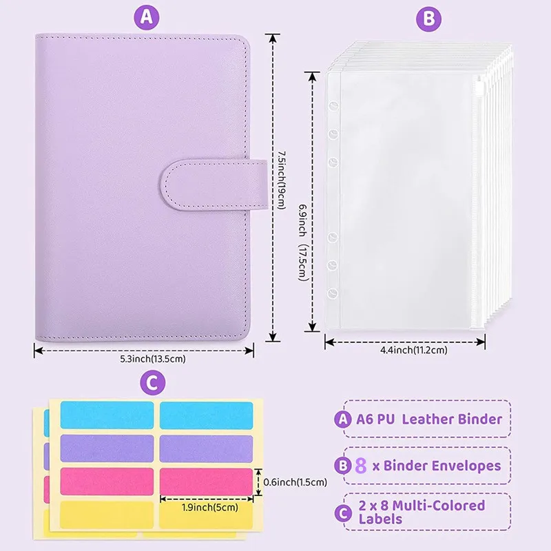 A5 A6 PU Planlayıcı Doldurulabilir Defter Kapakları 6 Delik Cepleri PVC Fermuar Para Tasarrufu Lope Bütçe Bağlayıcısı 2206248173742