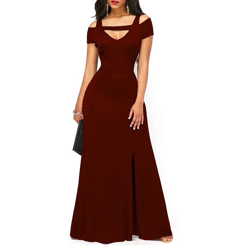 Women s Dresses Casual Long Maxi Evening Party Beach Dress Solid Wine Red Black Square Collar Summer Costume 220611