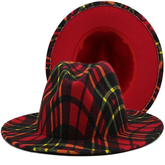 New Plaid Print Jazz Fedora Hat Women Red Bottom Fascinator Top Cap Wide Brim Elegant Church Wedding Hat Sombreros De Mujer239C