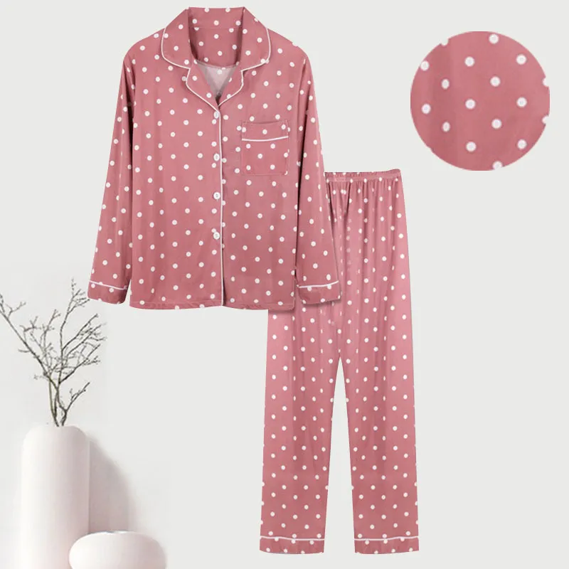 Polka Dot Artı Boyutu Pijama Set Sevimli Uzun Kollu Eğlence Pijama Kadınlar Için Gevşek Gecelik Homewear Suit Pijamas Pamuk Pijama 220329