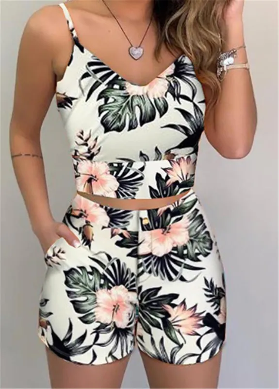 Fashion Women Shorts Pakken 2 -Pieces Sets Summer Office Lady Floral Riem Tank Crop Tophigh Taille Knop Shorts Vrouwelijke outfits 220526