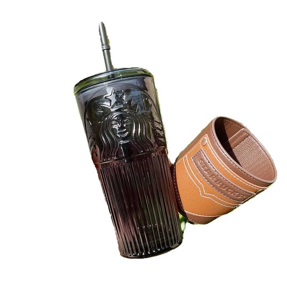 Starbucks water cup large capacity summer father's day cool black goddess leather cover glass straw 550mlNNTK