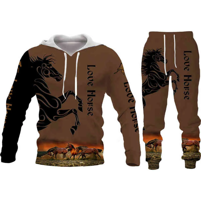 Autumn Winter 3D War Horse Printed Men's Hooded Sweater Set Male Sportswear Tracksuit Long Sleeve Men Clothing Suit G1217