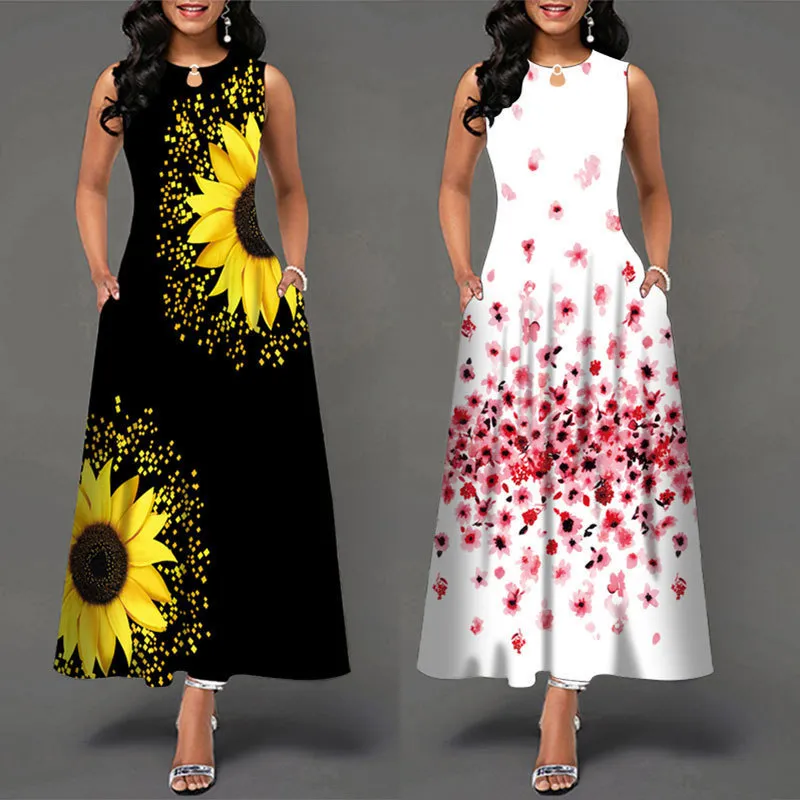 Mulheres soltas floral vintage buraco babados befree grande vestido grande grande verão camis festa elegante maxi vestidos 220705