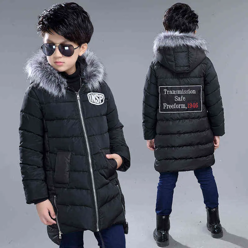 Boys Winter Mid-Length Camouflage Cotton Jacket Boys Letter Print Embroidery Large Fur Collar Hoodie Warm Cotton Jacket J220718