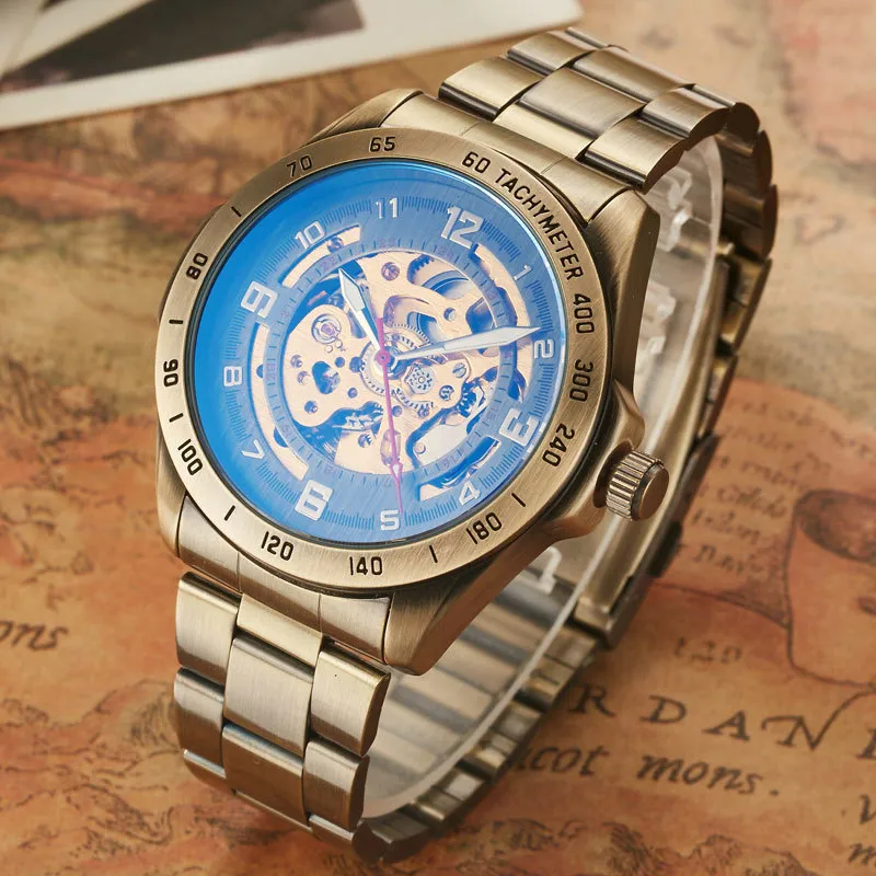 Retro Style Men Automatic Mechanical Watch Skeleton Steempunk Инанных кожаных полос Мужские запястья.