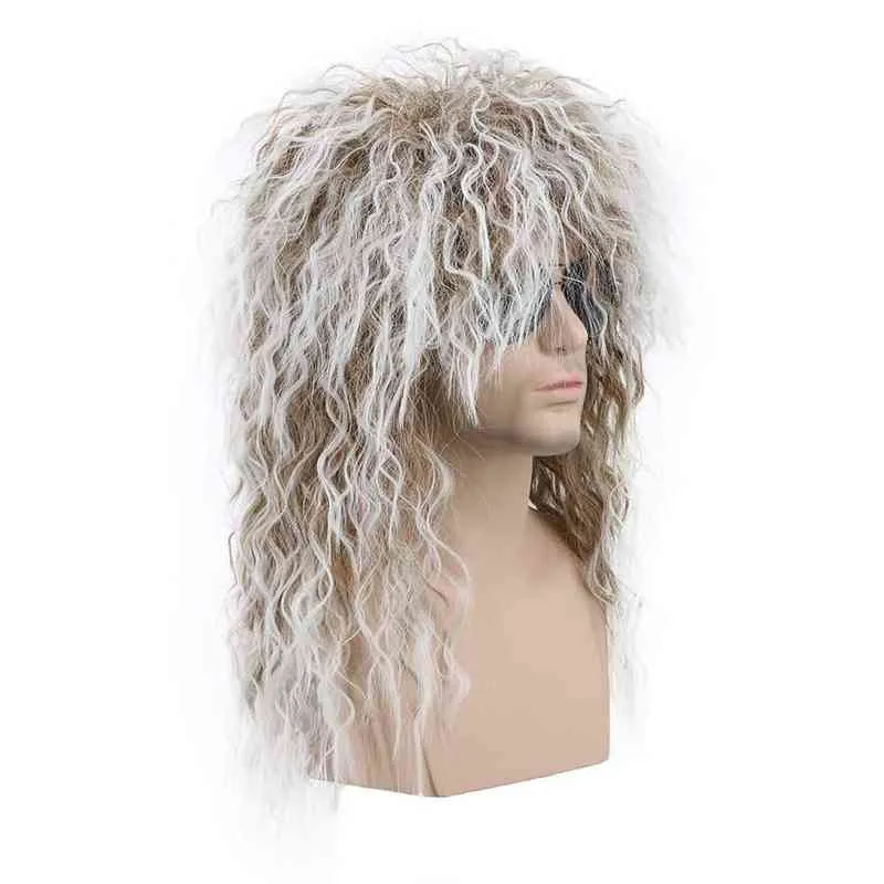 男性の髪の合成fgyと女性の長い巻き毛茶色の勾配ホワイトコスプレハロウィーンウィッグ70S 80年代ロックムューレットパーティー0527