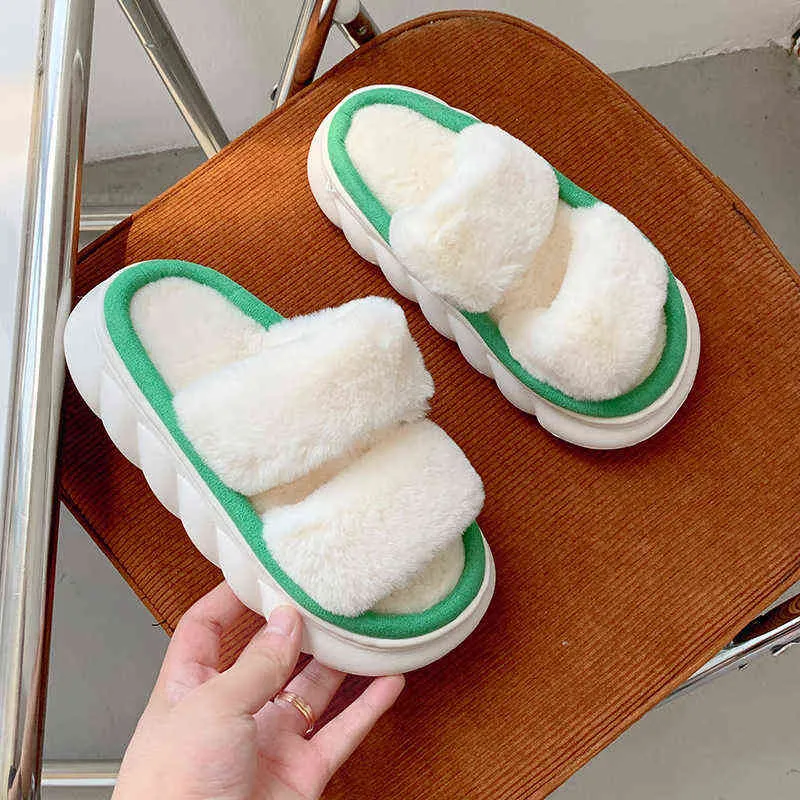 Winter Women House Cross Fluffy Fur Home Slippers Thick Sole Warm Floor Shoes Plush Cotton Indoor Woman Furry Ladies Flip Flops G220816