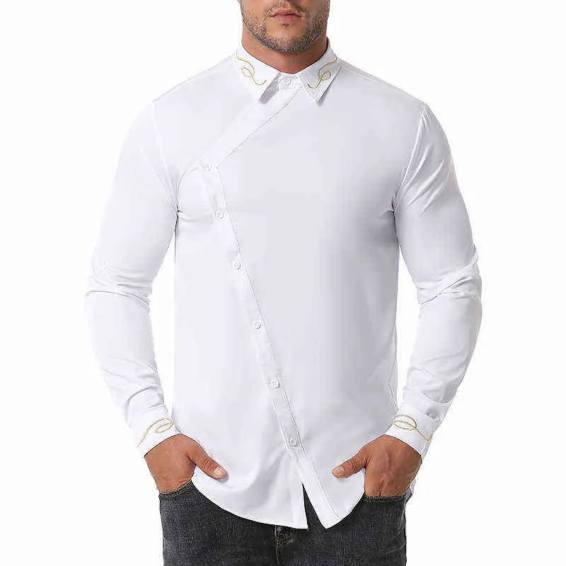 Camicia da uomo a maniche lunghe con bottoni obliqui Moda Camicia da ricamo bianca da uomo Camicie da lavoro in cotone slim fit da uomo L220704
