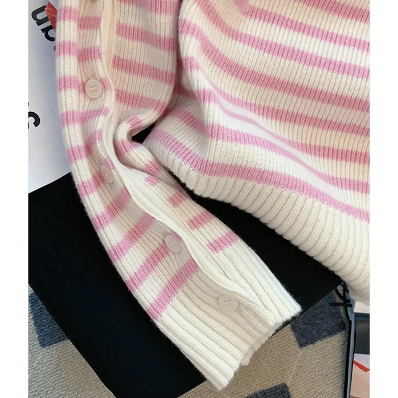 Зимний свитер женской одежды корейская мода свободная розовая полоса экипаж.
