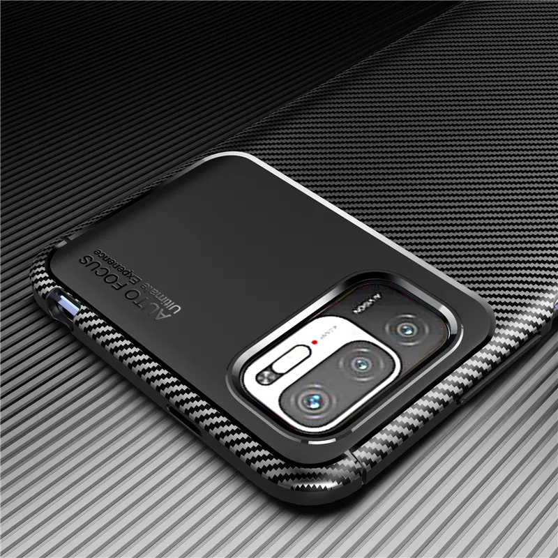 Casos de capa de fibra de carbono de luxo à prova de choque para Xiaomi Poco M3 Pro Redmi Nota 10 5G, Soft TPU Silicone Silicone Absorvedor Colebra Capa protetora