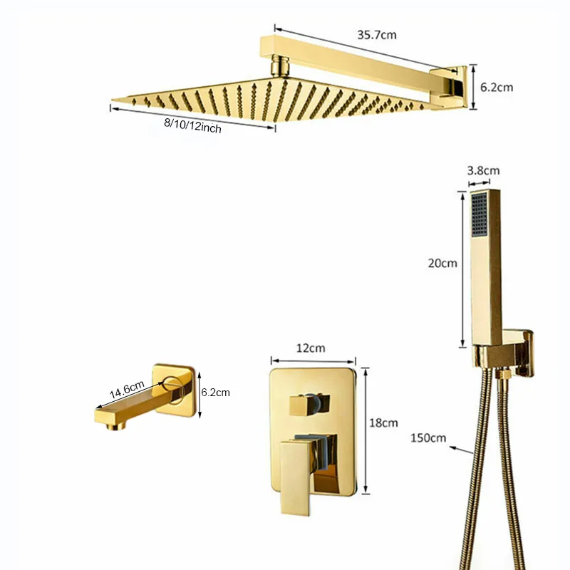 Golden Ultra-Thin Shower-kran Set mässing Väggmonterad varm- och kallt vattenblandare TAPS Square Rainfall Shower Head