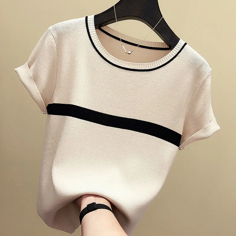 Camisetas Mujer тонкая вязаная футболка женщин с коротким рукавом летние топы женская одежда полосатая мода T Tee Femme 220407