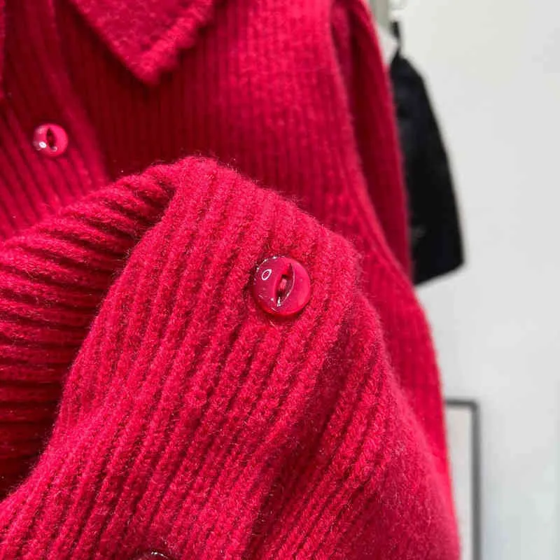 autunno e inverno bambola rossa collo bavero lanterna manica maglia top maglione corto da donna