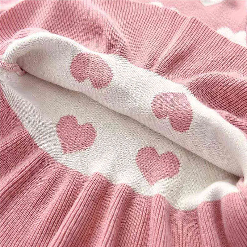 달콤한 어린이 아기 발렌타인 데이 드레스, 양모 뜨개질 스웨터 하트 인쇄 레이스 짧은 치마 풀 오버 1-5 년 G220506