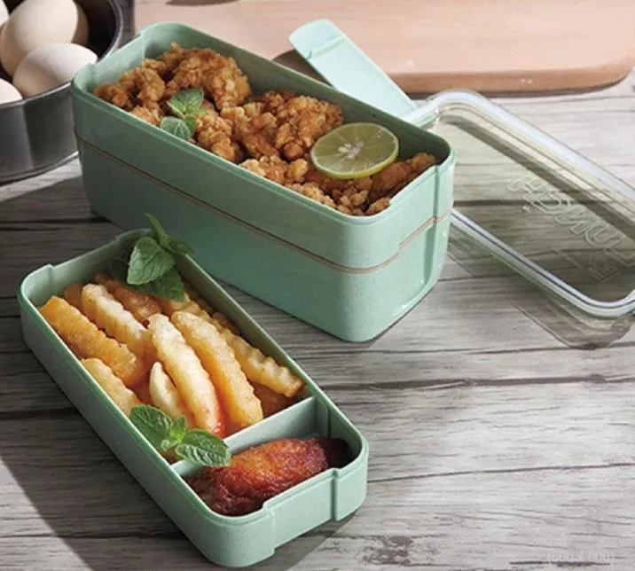 2022 Lunch Box 3 Grid Wheat Straw Bento Transparent lock Matbehållare för arbete Travel Portable Student Lunch Boxes Containrar