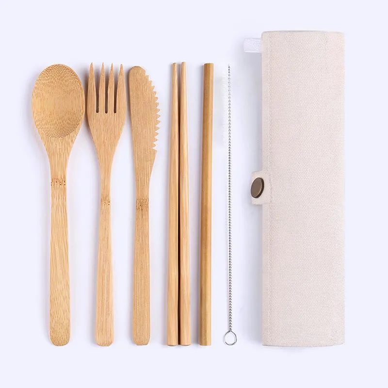 Japon ahşap bıçak takımı seti bambu çatal bıçak takımı saman bıçak takımı ile bez çanta mutfak pişirme aletleri toptan