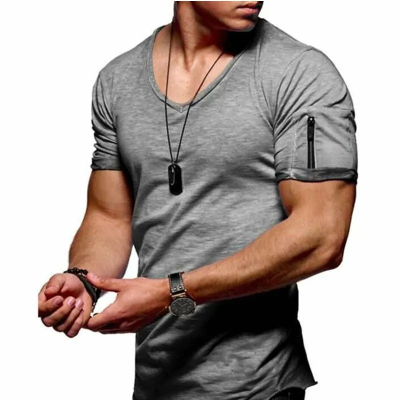 T-shirt à manches courtes pour hommes, col en V, Fitness, musculation, rue, été, fermeture éclair, décontracté, haut en coton, 220610