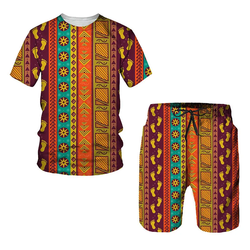 Męski letni dres afrykański styl totemu stroje 2-częściowe szorty T-shirt Zestaw vintage etniczny sport joggingowy