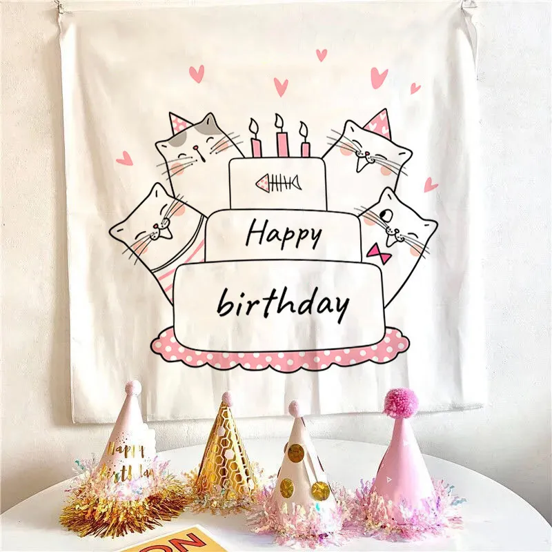Happy Birthday Background Tapestry Cloth Kawaii Children's Room Wall Decoration Girls' Dormitory Cartoons Home Party Decor 220512