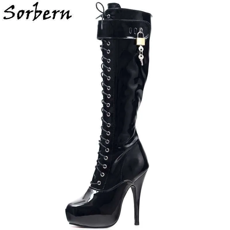 Sorbern sexy black fétiche bottes genou haute femme avec serrures 15cm talon haut talon invisible plate-forme invisible dace up bottes unisexes femelles