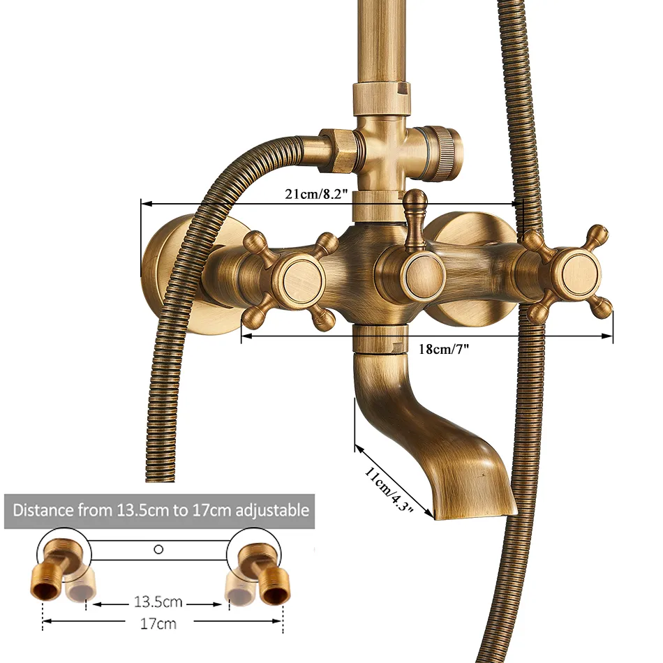 Antique Brass Bathroom Shower Set Faucet Bath Shower Mixer Tap 8" Rainfall Head With Hand Sprayer Bathtub Faucets Wall Mounted