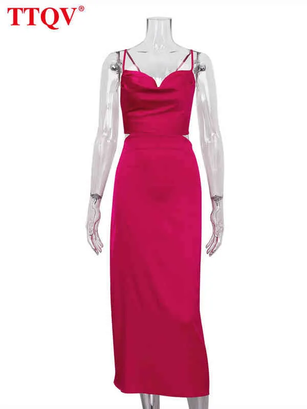TTQV Sexy Strap Pink Satin Dress Summer Bez Rękawów Hollow Out Midi Dress Bodycon Lace-Up Backless Party Sukienki dla kobiet 2022 Y220401