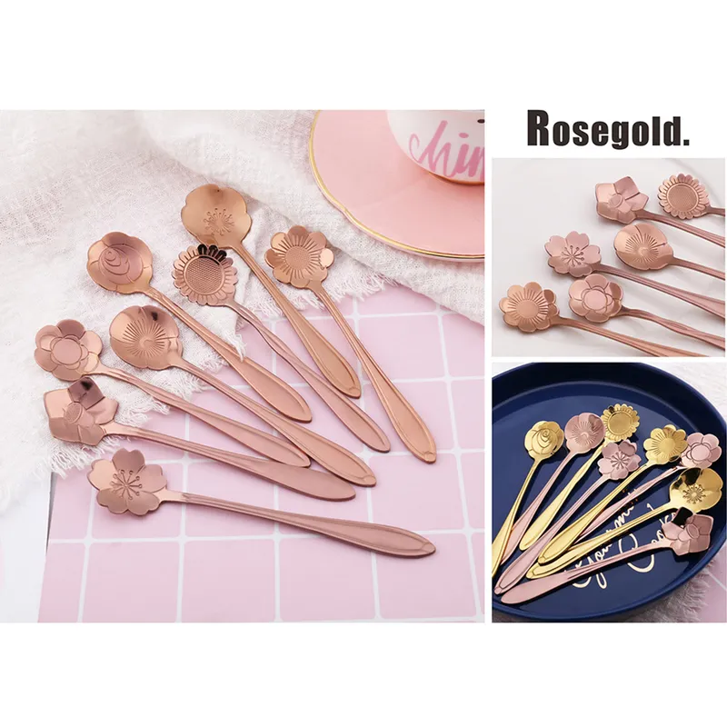 / Set Cherry Blossoms Stainless Steel Tea Coffee Spoon Teaspoons Ice Cream Sugar Flatware Gold Kitchen Tableware 220509