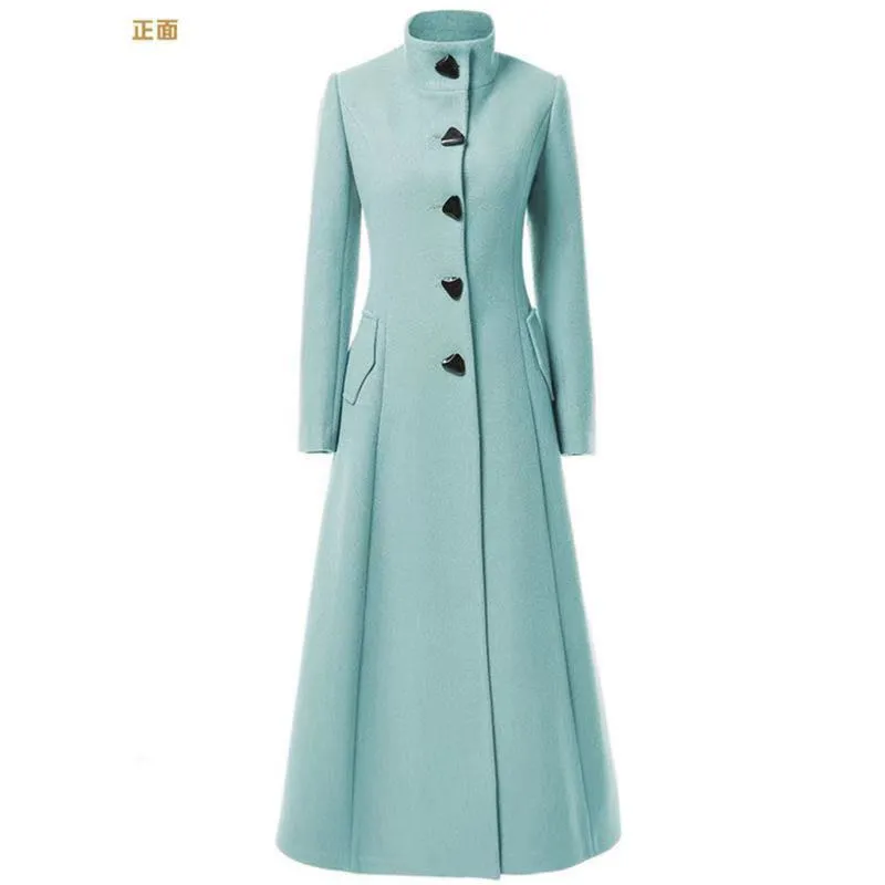 Dames wollen melanges dames winter bovenkleding Koreaanse elegante hoornknop dames massieve kleurstand kraag dikke long wollen melanges jas overjas 220826