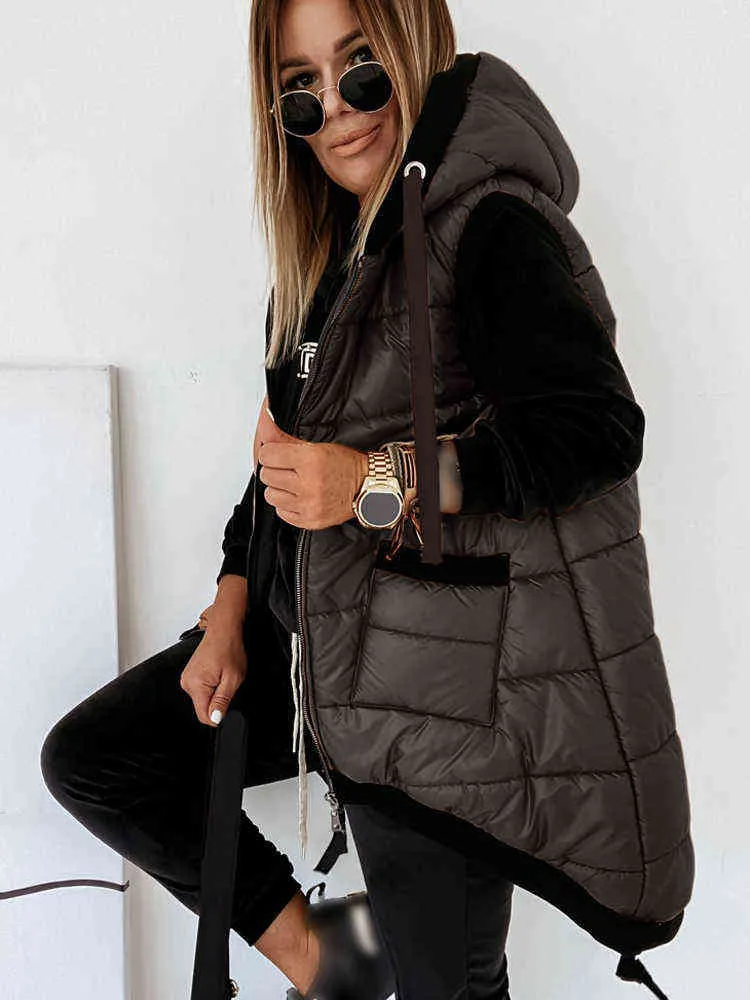 Ärmlös jacka kvinnor casud hooded coat mode casual höst vintern midja väst zip upp bomull vadderade quiltade jackor l220730