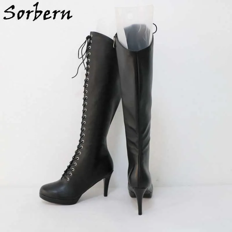 Botas Sorbern Matt hasta la rodilla, tacones de aguja para mujer, botas rizadas con cordones, botas de baile para travestis Sissy, botas de baile personalizadas de corte ancho