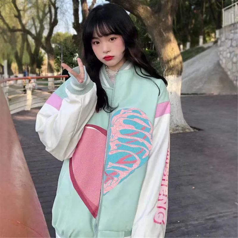 Hip Hop Bone Blue Autumn Fashion Overize Bluza Kobiet Japonia gotycka topy vintage baseball kurtka fajna z kapturem z kapturem Ulzzang 220721