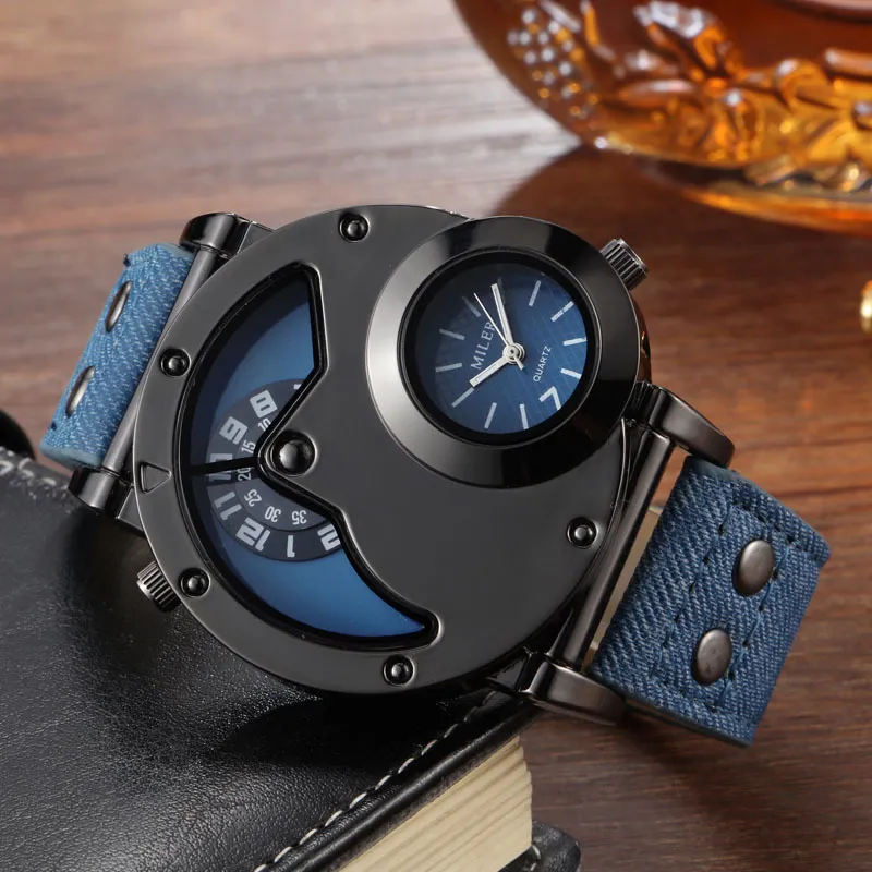 Fashion Cowboy Blue Denim Uhren Männer Sport Uhren 2 Zeitzone Leder -Gurt -Quarz -Armbanduhren Man Uhr Relogio Maskulino 2202632