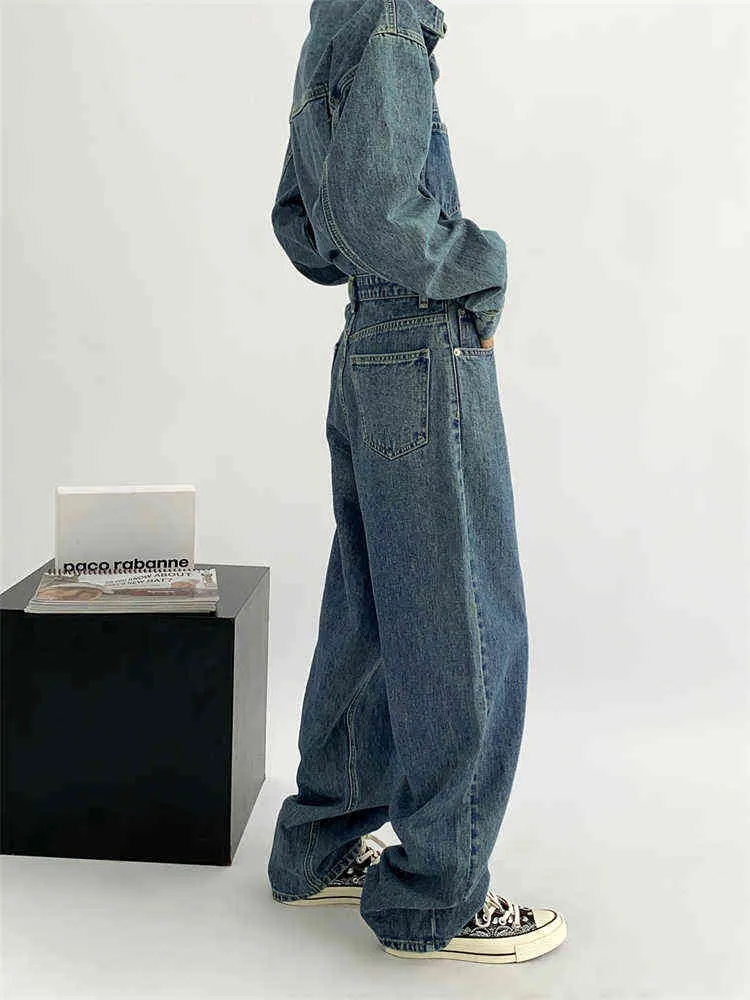 Retro Blue Washed Aged Denim Pumpsuits Womens Spring осень осень Новые свободные одноработники с длинными рукавами джинсовые брюки женский T220728