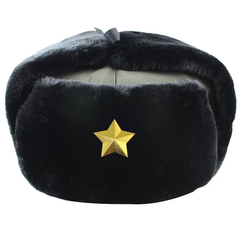 Sovjet Military Badge Ryssland Ushanka Bomber Hats Pilot Trapper Trooper Hat Winter Faux Rabbit pälar Earfap Men Snow Caps 220817GX7935725