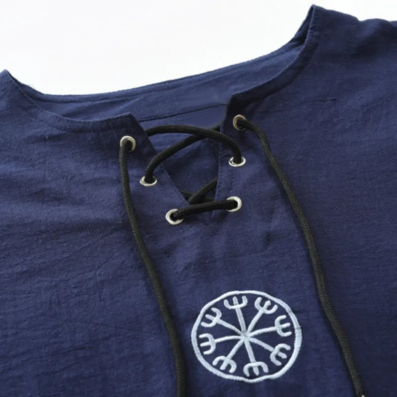 Hommes t-shirts Design Unique Vintage lin hauts ancien Viking broderie à lacets col en V à manches longues t-shirt haut 220813