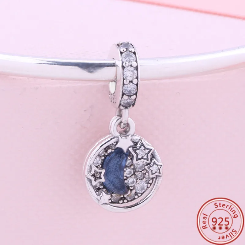 925 STERLING Gümüş Dungle Charm Blue Planet Stars Moon County Clip Uzay Yolculuğu Boncuk Boncuk Fit Pandora Charms Bilezik Diy Takı Aksesuarları