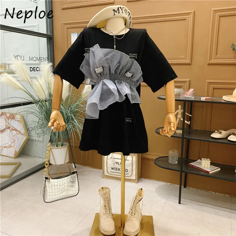 Neploe Fashion Saymetricalメッシュパッチワーク偽Tシャツ女性Oネックプルオーバー半袖ティーサマーコットンレディーストップ220408