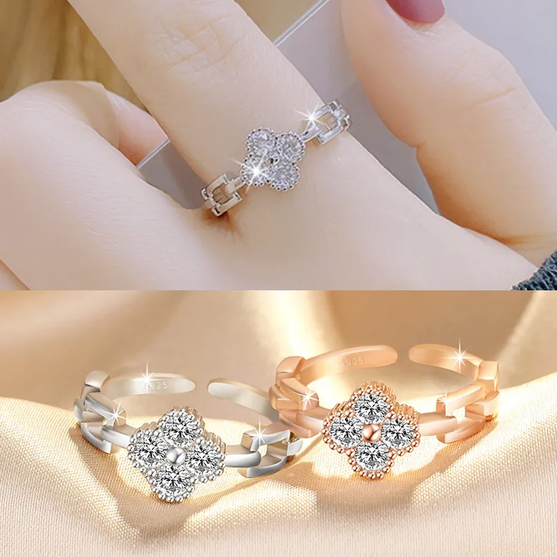 Корейская сладкая модная конструкция Clover Designer Rings для женщин CZ циркон сияющий кристалл открытый серебряный серебряный розовый золото Bling Diamond Love Ring 311Z