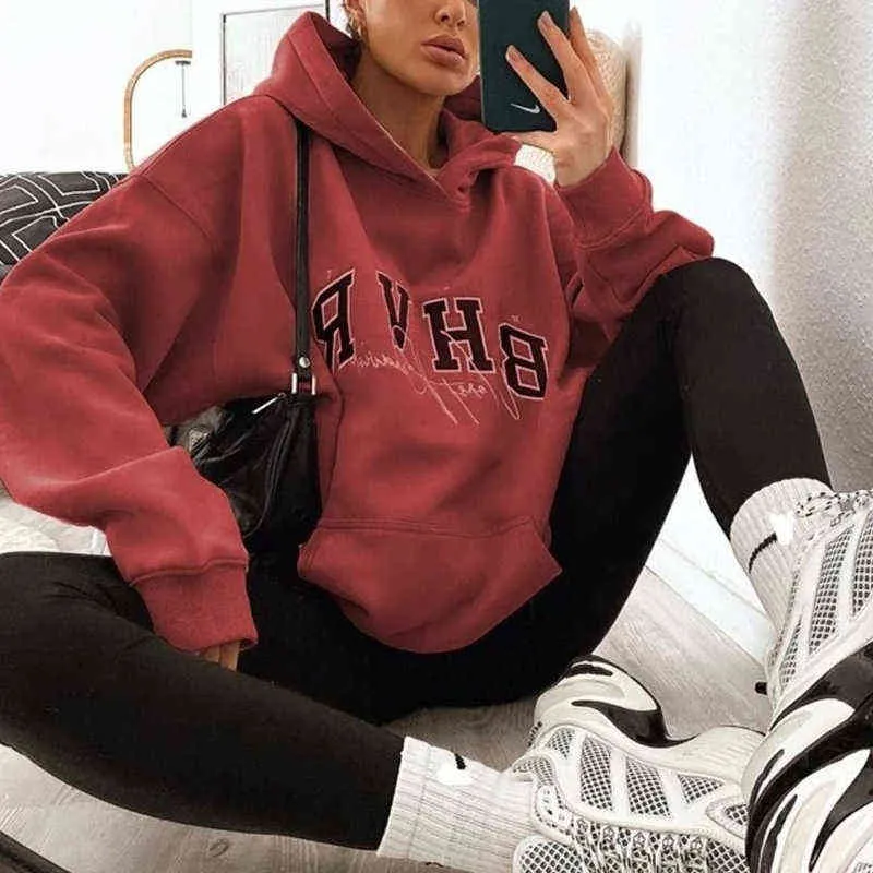 Red Letters Print Vintage Thick Warm Oversized Hoodies Women Sweatshirt Winter Pullovers New Brand Fashion Tops Teens Clothes T220726