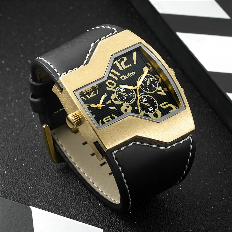 Oulm New Watches Men Luxury Brand منطقة زمنية متعددة من الذكور الكوارتز Wristwatch غير الرسمي حزام جلدي ساعة Relogio Maschulino258r