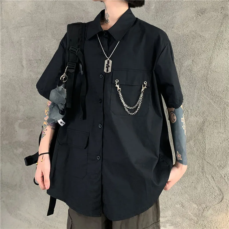 HOUZHOU Gray Shirts Women Harajuku Detachable Sleeve Oversized Bf Gothic Blouse with Tie Vintage Streetwear Punk Autumn Shirt 220407