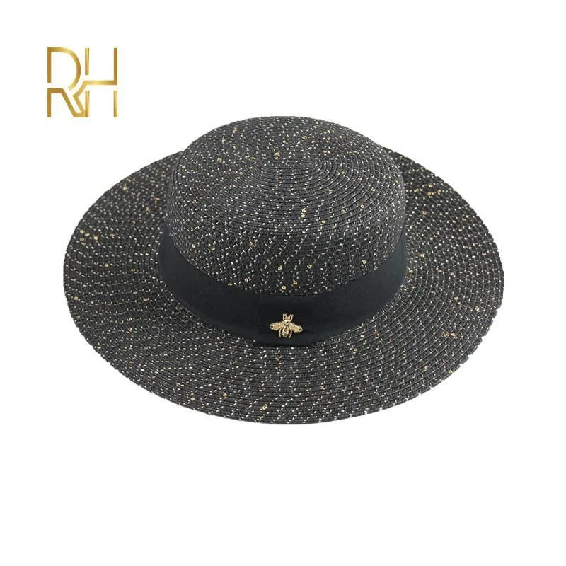 Damer Sun Boater Flat Hatts Small Bee Sequin Straw Hat Retro Gold flätad hatt Female Sunshade Shine Flat Cap RH 2205176454156