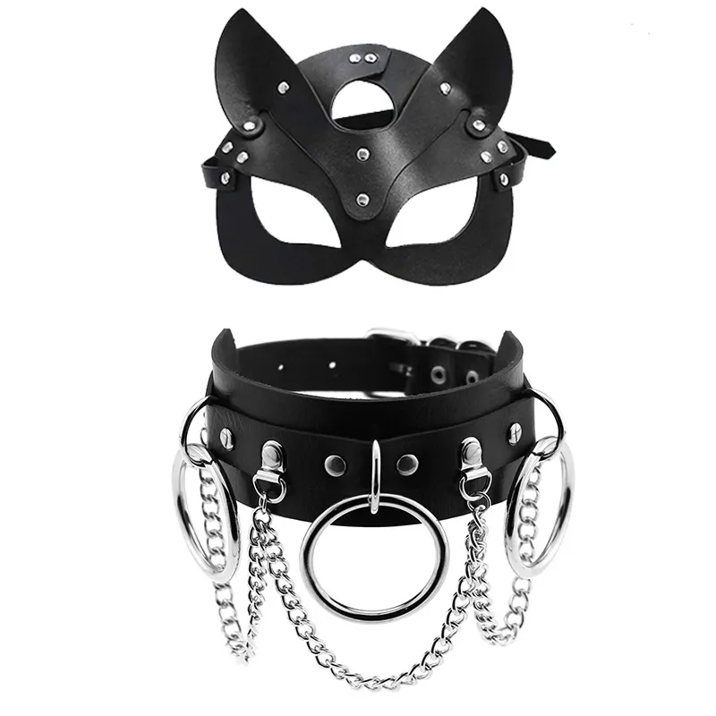 ألعاب مثيرة للأزواج PU Leather Mask Women Cosplay Cat BDSM Fetish Halloween Black Masks with Sexyy Necklace Eroticovery 5637127