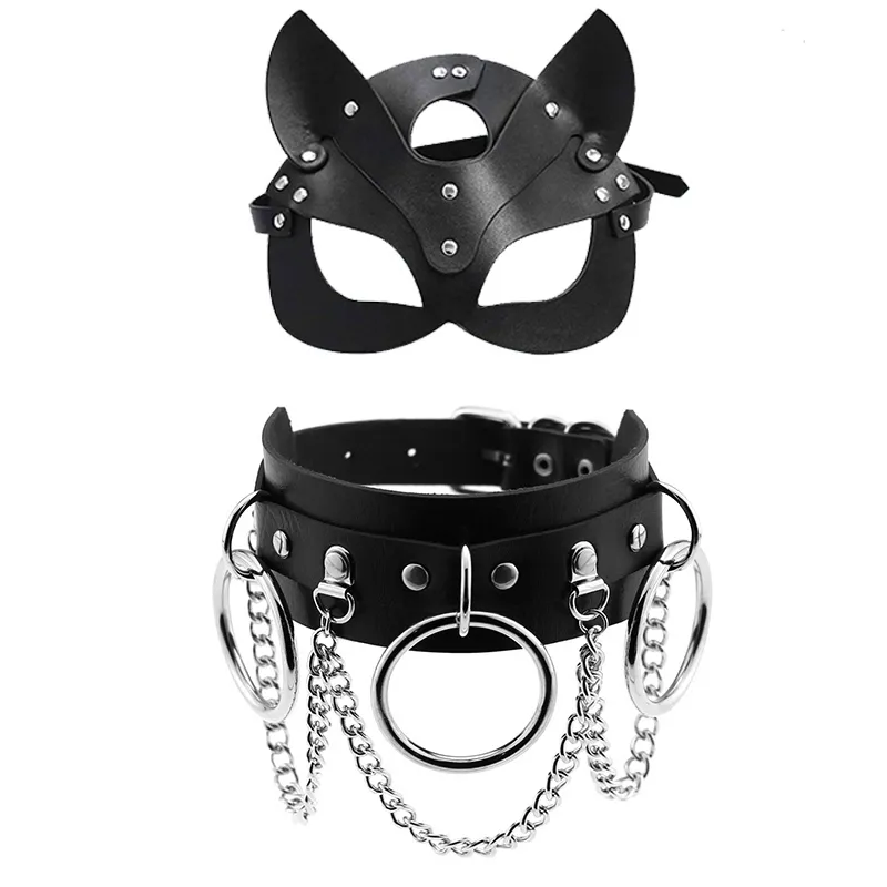 Sexy Spielzeug für Paare, PU-Ledermaske, Damen, Cosplay, Katze, Bdsm, Fetisch, Halloween, schwarze Masken mit sexy Halskette, erotisches Zubehör
