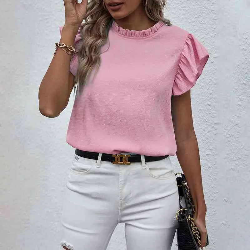Summer Women Blouse Elegant Solid Blouse Vintage Ruffled Shirt Sexy Backless Tops Ladies Casual O Neck Sleeveless Office Blouses L220705