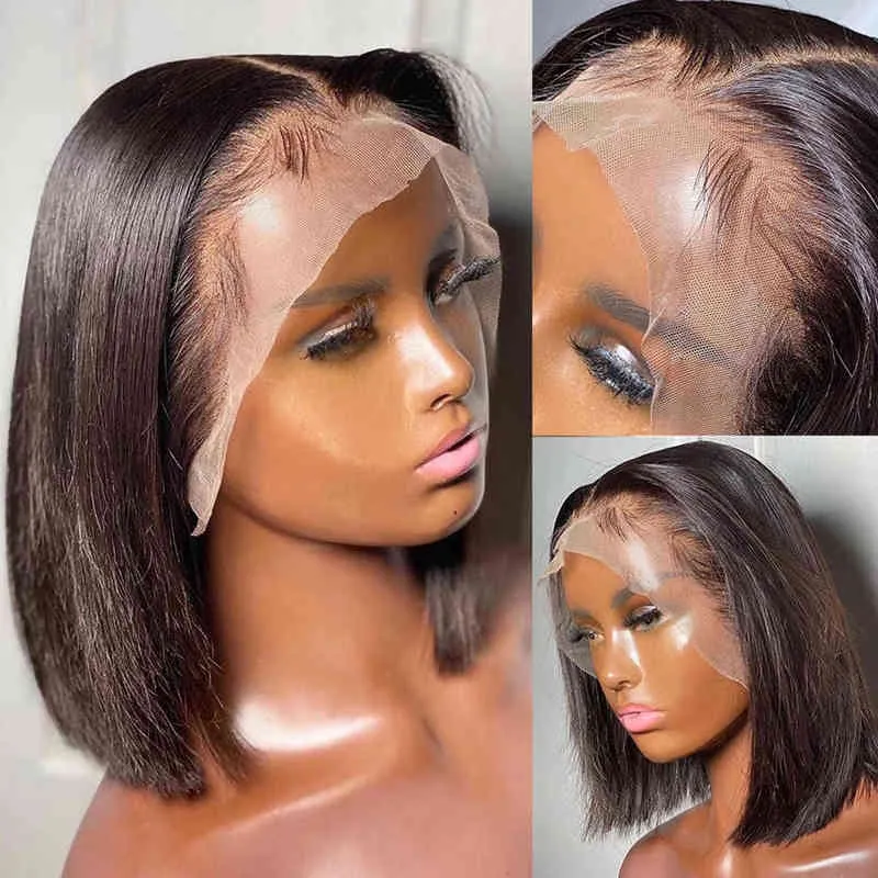 13x1 t Parça Dantelli Peruk İnsan Saç Düz Bob Önceden Kapanmış S Kadınlar için Brezilya Kısa Doğal Remy 220609